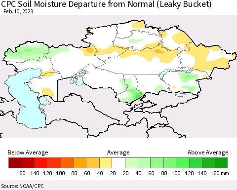 Kazakhstan CPC Soil Moisture Departure from Normal (Leaky Bucket) Thematic Map For 2/6/2023 - 2/10/2023