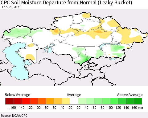 Kazakhstan CPC Soil Moisture Departure from Normal (Leaky Bucket) Thematic Map For 2/21/2023 - 2/25/2023