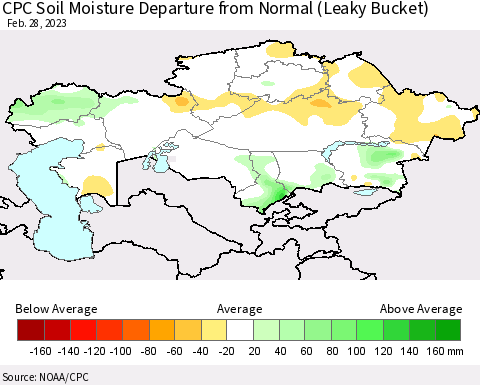 Kazakhstan CPC Soil Moisture Departure from Normal (Leaky Bucket) Thematic Map For 2/26/2023 - 2/28/2023