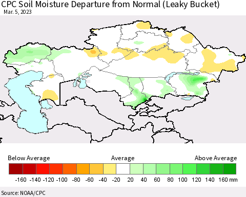 Kazakhstan CPC Soil Moisture Departure from Normal (Leaky Bucket) Thematic Map For 3/1/2023 - 3/5/2023
