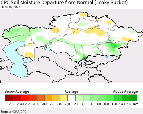 Kazakhstan CPC Soil Moisture Departure from Normal (Leaky Bucket) Thematic Map For 3/6/2023 - 3/10/2023