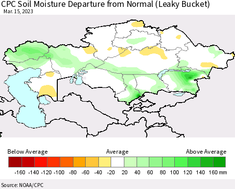 Kazakhstan CPC Soil Moisture Departure from Normal (Leaky Bucket) Thematic Map For 3/11/2023 - 3/15/2023