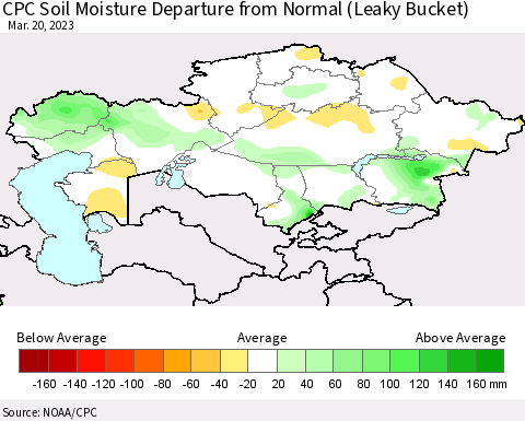 Kazakhstan CPC Soil Moisture Departure from Normal (Leaky Bucket) Thematic Map For 3/16/2023 - 3/20/2023