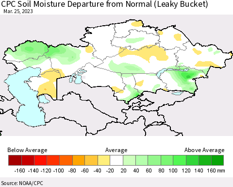 Kazakhstan CPC Soil Moisture Departure from Normal (Leaky Bucket) Thematic Map For 3/21/2023 - 3/25/2023