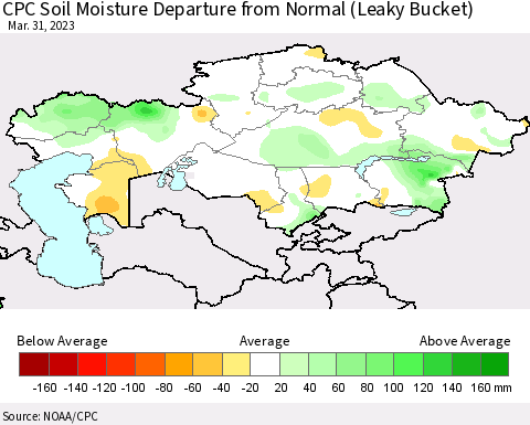 Kazakhstan CPC Soil Moisture Departure from Normal (Leaky Bucket) Thematic Map For 3/26/2023 - 3/31/2023