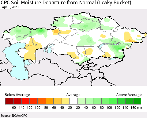 Kazakhstan CPC Soil Moisture Departure from Normal (Leaky Bucket) Thematic Map For 4/1/2023 - 4/5/2023