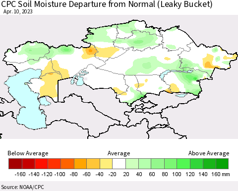 Kazakhstan CPC Soil Moisture Departure from Normal (Leaky Bucket) Thematic Map For 4/6/2023 - 4/10/2023