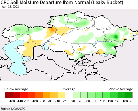 Kazakhstan CPC Soil Moisture Departure from Normal (Leaky Bucket) Thematic Map For 4/11/2023 - 4/15/2023