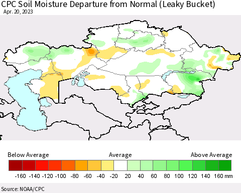 Kazakhstan CPC Soil Moisture Departure from Normal (Leaky Bucket) Thematic Map For 4/16/2023 - 4/20/2023