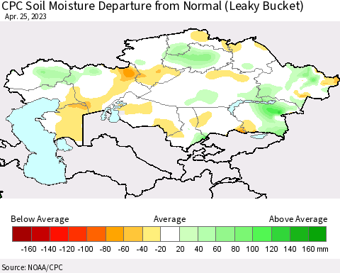 Kazakhstan CPC Soil Moisture Departure from Normal (Leaky Bucket) Thematic Map For 4/21/2023 - 4/25/2023