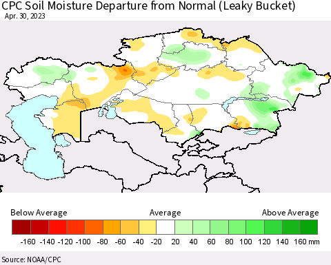 Kazakhstan CPC Soil Moisture Departure from Normal (Leaky Bucket) Thematic Map For 4/26/2023 - 4/30/2023