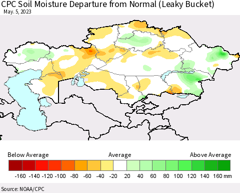 Kazakhstan CPC Soil Moisture Departure from Normal (Leaky Bucket) Thematic Map For 5/1/2023 - 5/5/2023