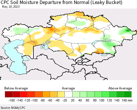 Kazakhstan CPC Soil Moisture Departure from Normal (Leaky Bucket) Thematic Map For 5/6/2023 - 5/10/2023