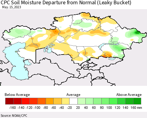 Kazakhstan CPC Soil Moisture Departure from Normal (Leaky Bucket) Thematic Map For 5/11/2023 - 5/15/2023