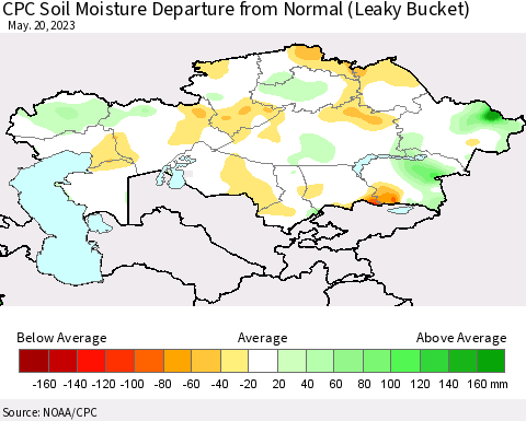 Kazakhstan CPC Soil Moisture Departure from Normal (Leaky Bucket) Thematic Map For 5/16/2023 - 5/20/2023