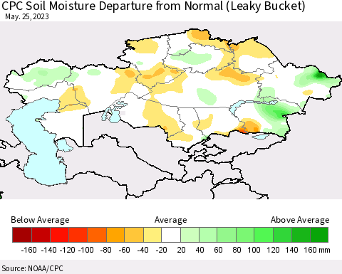 Kazakhstan CPC Soil Moisture Departure from Normal (Leaky Bucket) Thematic Map For 5/21/2023 - 5/25/2023