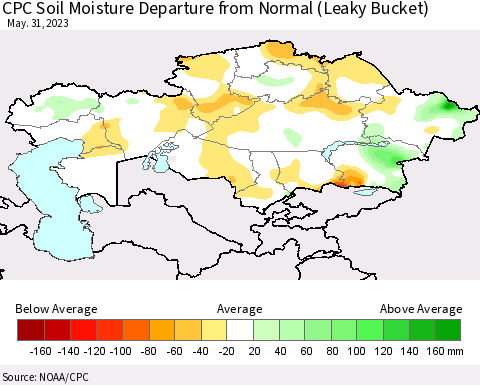Kazakhstan CPC Soil Moisture Departure from Normal (Leaky Bucket) Thematic Map For 5/26/2023 - 5/31/2023