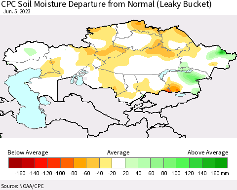 Kazakhstan CPC Soil Moisture Departure from Normal (Leaky Bucket) Thematic Map For 6/1/2023 - 6/5/2023