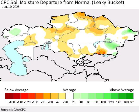 Kazakhstan CPC Soil Moisture Departure from Normal (Leaky Bucket) Thematic Map For 6/6/2023 - 6/10/2023