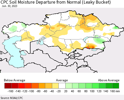 Kazakhstan CPC Soil Moisture Departure from Normal (Leaky Bucket) Thematic Map For 6/26/2023 - 6/30/2023