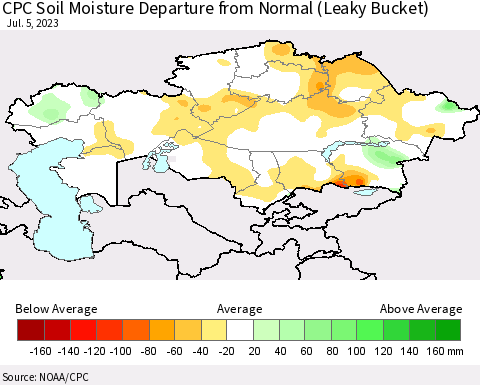 Kazakhstan CPC Soil Moisture Departure from Normal (Leaky Bucket) Thematic Map For 7/1/2023 - 7/5/2023