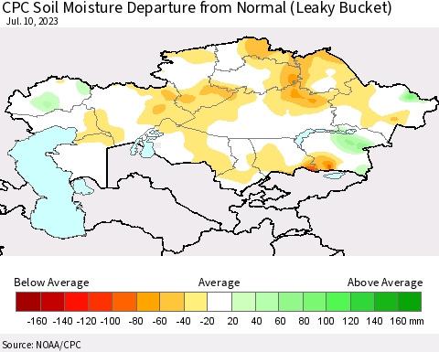 Kazakhstan CPC Soil Moisture Departure from Normal (Leaky Bucket) Thematic Map For 7/6/2023 - 7/10/2023