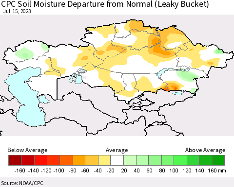 Kazakhstan CPC Soil Moisture Departure from Normal (Leaky Bucket) Thematic Map For 7/11/2023 - 7/15/2023