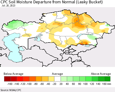 Kazakhstan CPC Soil Moisture Departure from Normal (Leaky Bucket) Thematic Map For 7/16/2023 - 7/20/2023