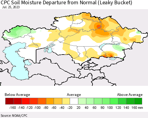 Kazakhstan CPC Soil Moisture Departure from Normal (Leaky Bucket) Thematic Map For 7/21/2023 - 7/25/2023