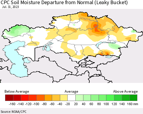Kazakhstan CPC Soil Moisture Departure from Normal (Leaky Bucket) Thematic Map For 7/26/2023 - 7/31/2023