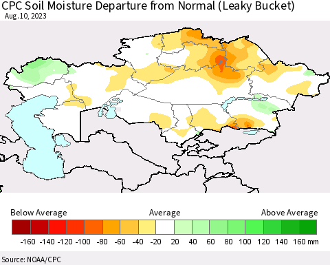 Kazakhstan CPC Soil Moisture Departure from Normal (Leaky Bucket) Thematic Map For 8/6/2023 - 8/10/2023
