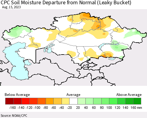 Kazakhstan CPC Soil Moisture Departure from Normal (Leaky Bucket) Thematic Map For 8/11/2023 - 8/15/2023