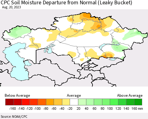 Kazakhstan CPC Soil Moisture Departure from Normal (Leaky Bucket) Thematic Map For 8/16/2023 - 8/20/2023