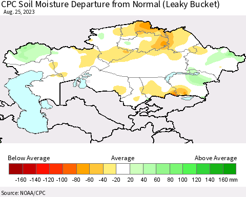 Kazakhstan CPC Soil Moisture Departure from Normal (Leaky Bucket) Thematic Map For 8/21/2023 - 8/25/2023