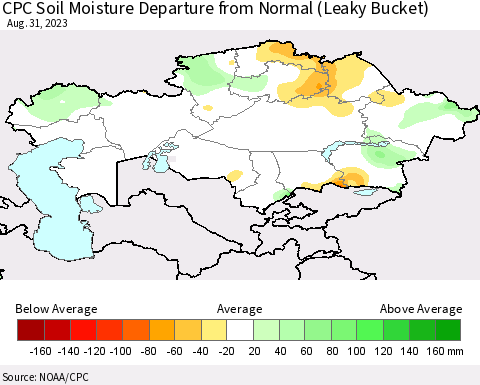 Kazakhstan CPC Soil Moisture Departure from Normal (Leaky Bucket) Thematic Map For 8/26/2023 - 8/31/2023