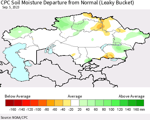 Kazakhstan CPC Soil Moisture Departure from Normal (Leaky Bucket) Thematic Map For 9/1/2023 - 9/5/2023