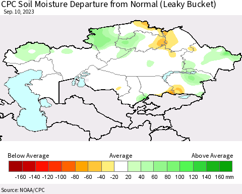 Kazakhstan CPC Soil Moisture Departure from Normal (Leaky Bucket) Thematic Map For 9/6/2023 - 9/10/2023