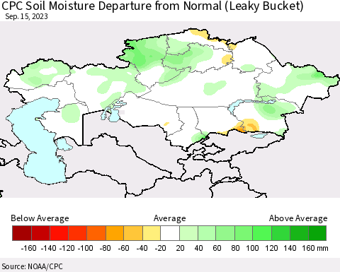 Kazakhstan CPC Soil Moisture Departure from Normal (Leaky Bucket) Thematic Map For 9/11/2023 - 9/15/2023