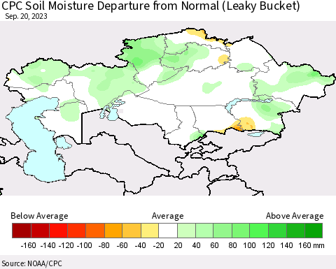 Kazakhstan CPC Soil Moisture Departure from Normal (Leaky Bucket) Thematic Map For 9/16/2023 - 9/20/2023