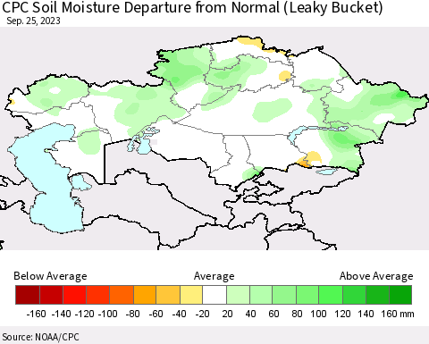 Kazakhstan CPC Soil Moisture Departure from Normal (Leaky Bucket) Thematic Map For 9/21/2023 - 9/25/2023
