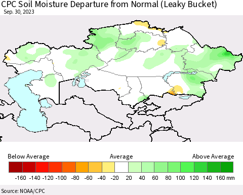 Kazakhstan CPC Soil Moisture Departure from Normal (Leaky Bucket) Thematic Map For 9/26/2023 - 9/30/2023
