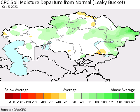 Kazakhstan CPC Soil Moisture Departure from Normal (Leaky Bucket) Thematic Map For 10/1/2023 - 10/5/2023