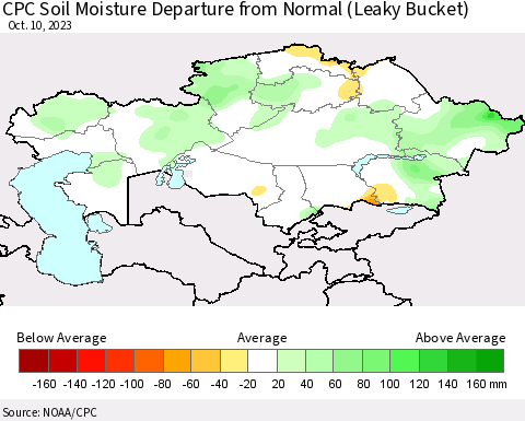 Kazakhstan CPC Soil Moisture Departure from Normal (Leaky Bucket) Thematic Map For 10/6/2023 - 10/10/2023