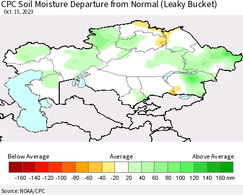 Kazakhstan CPC Soil Moisture Departure from Normal (Leaky Bucket) Thematic Map For 10/11/2023 - 10/15/2023