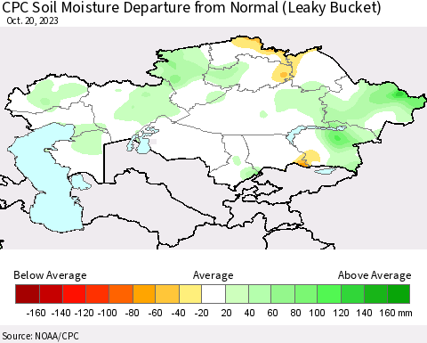 Kazakhstan CPC Soil Moisture Departure from Normal (Leaky Bucket) Thematic Map For 10/16/2023 - 10/20/2023