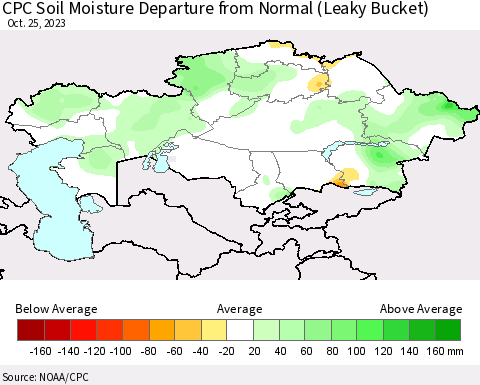 Kazakhstan CPC Soil Moisture Departure from Normal (Leaky Bucket) Thematic Map For 10/21/2023 - 10/25/2023
