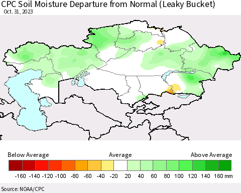 Kazakhstan CPC Soil Moisture Departure from Normal (Leaky Bucket) Thematic Map For 10/26/2023 - 10/31/2023