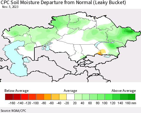 Kazakhstan CPC Soil Moisture Departure from Normal (Leaky Bucket) Thematic Map For 11/1/2023 - 11/5/2023