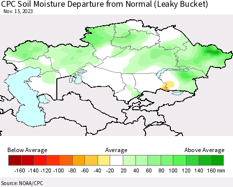 Kazakhstan CPC Soil Moisture Departure from Normal (Leaky Bucket) Thematic Map For 11/11/2023 - 11/15/2023