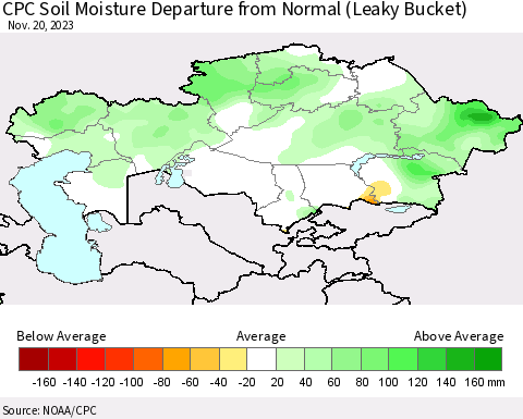 Kazakhstan CPC Soil Moisture Departure from Normal (Leaky Bucket) Thematic Map For 11/16/2023 - 11/20/2023
